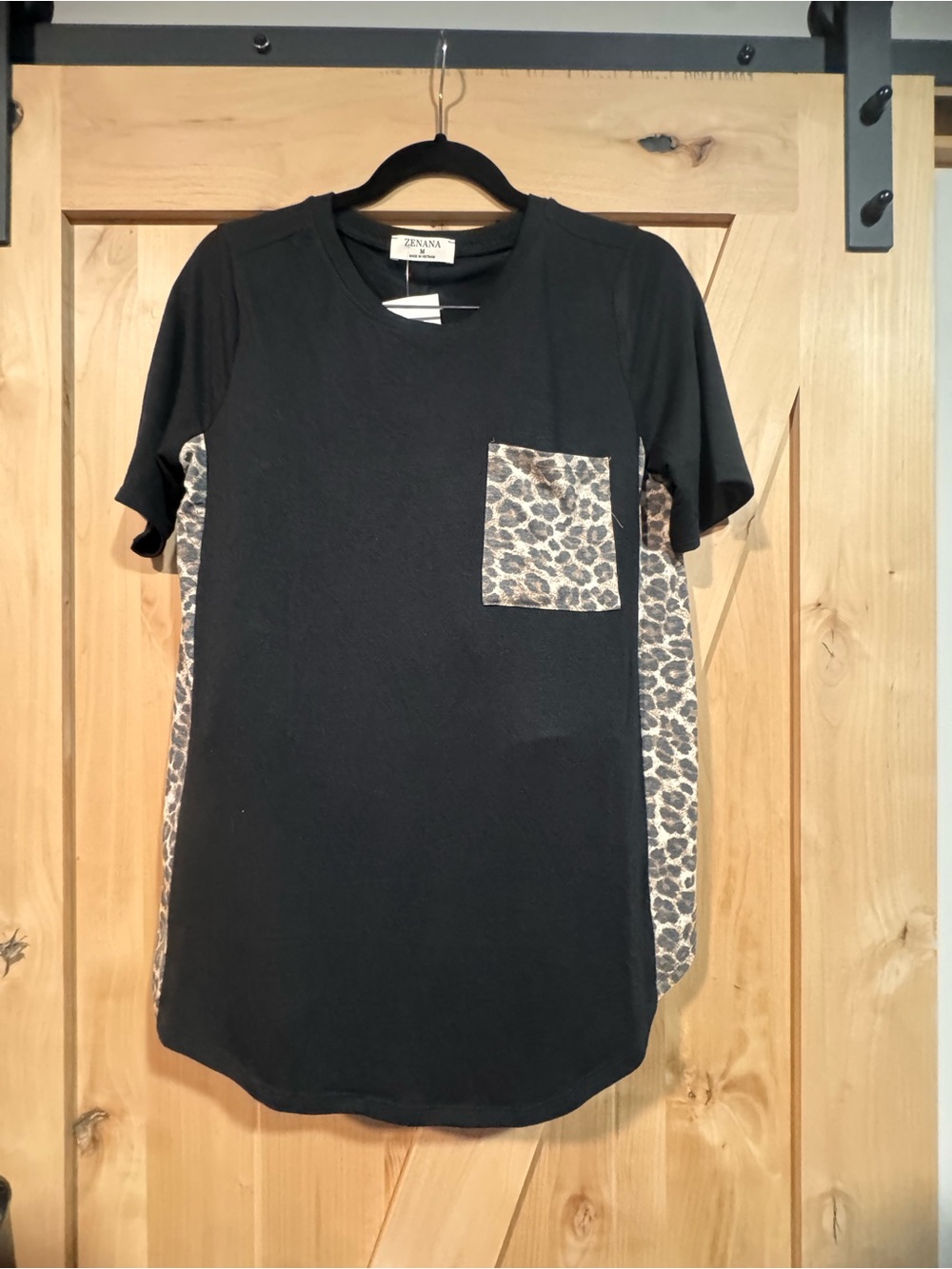 Zenana Black Tee with Leopard Pocket & Side Panels